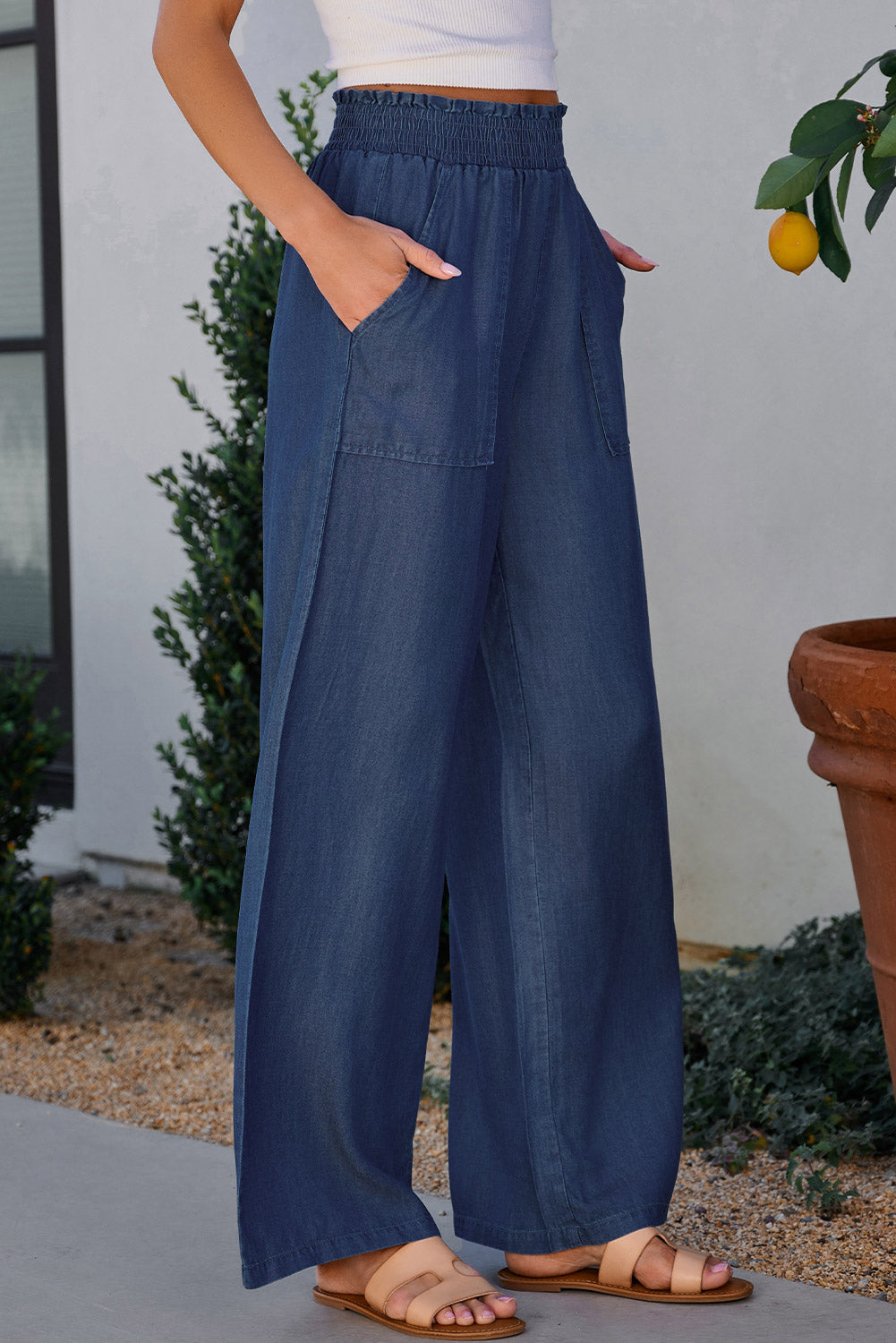 Gracie – Side Pockets Frilled Smocked High Waist Wide Leg Jeans