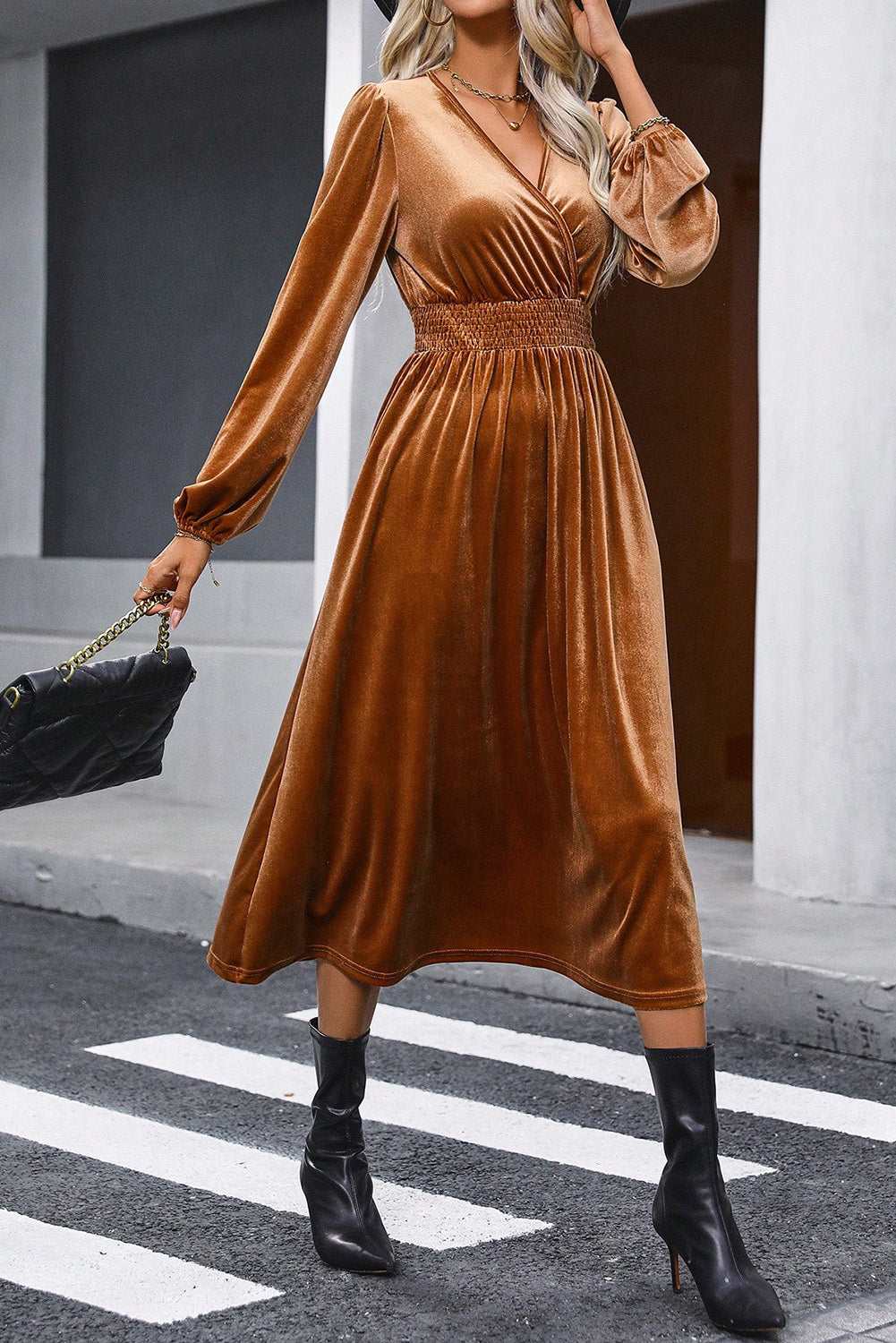 Wren – Camel Velvet Midi Dress with V-Neck, Smocked Waist & Long Sleeves