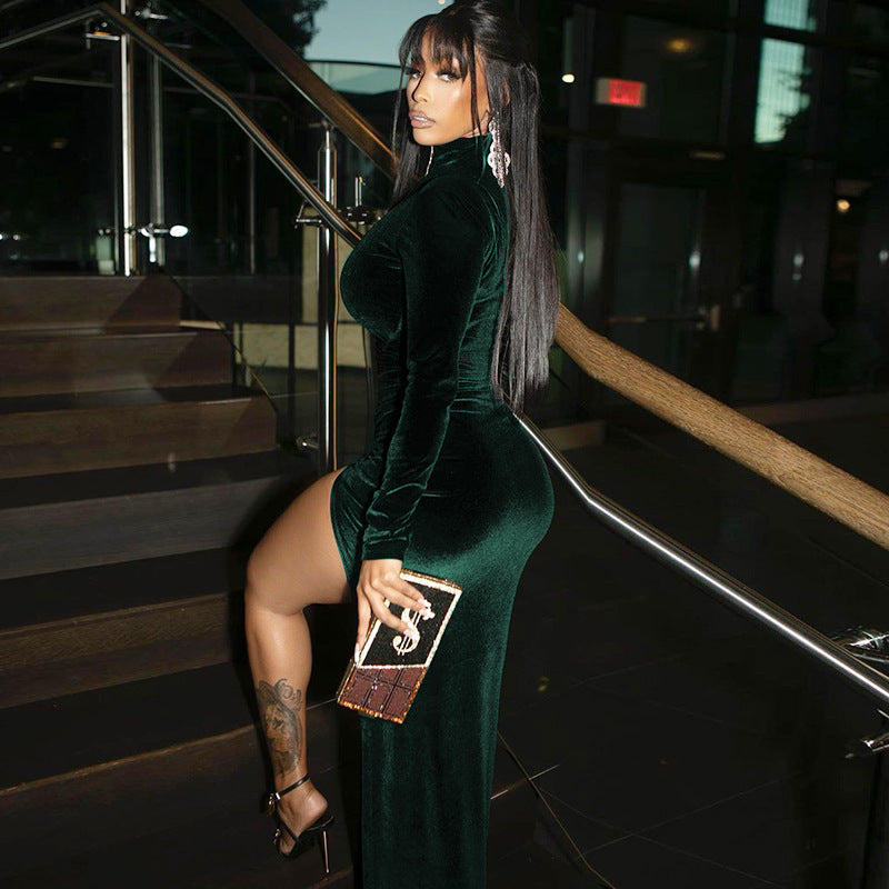 Ivy – High Neck Velvet Bodycon Dress with Long Sleeves and Side Slit