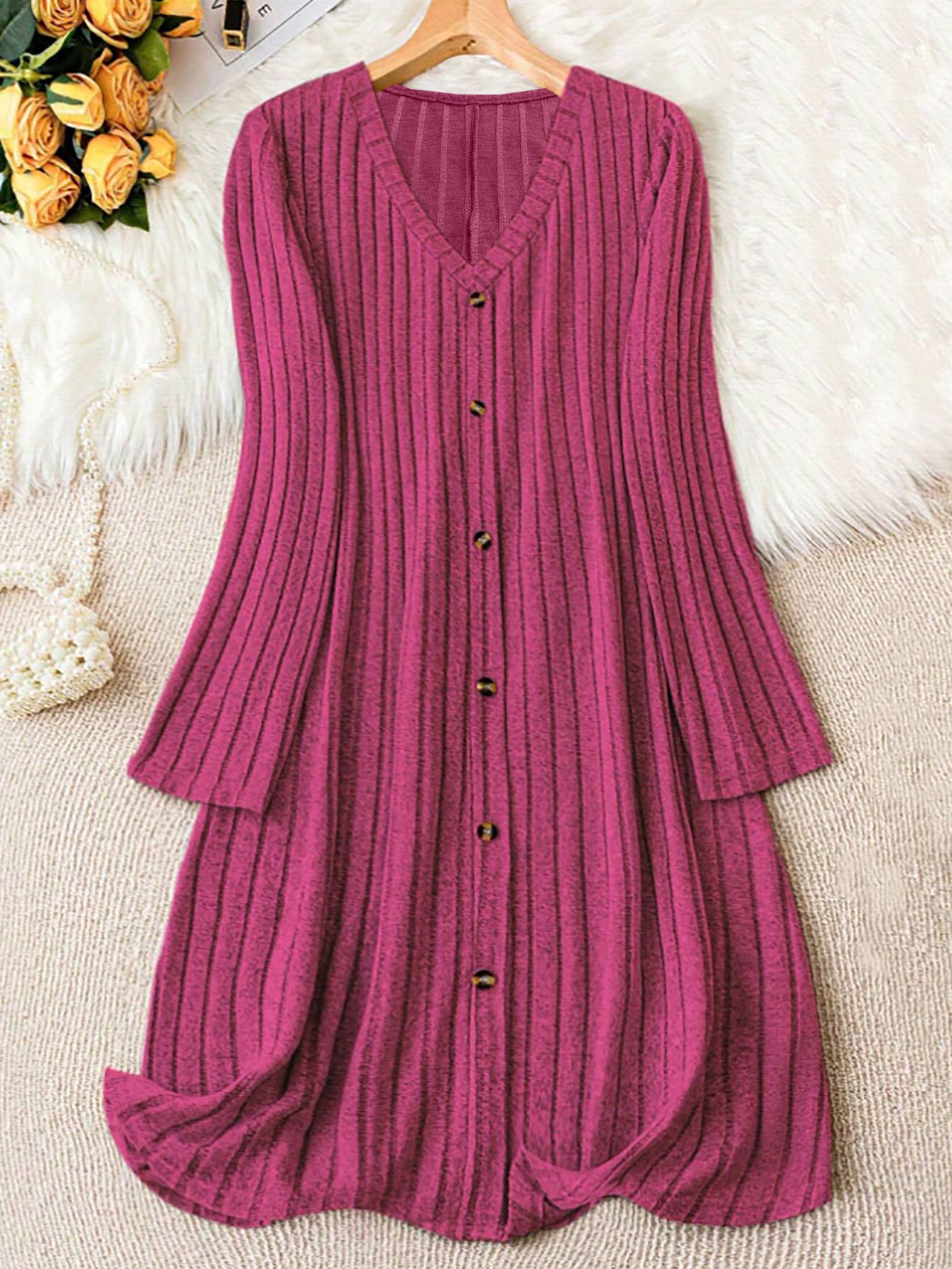 Eloise – Elegant Long Sleeve V-Neck Midi Dress