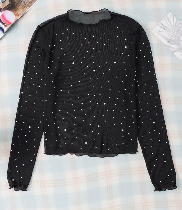Selena – Black Sheer Mesh Rhinestone Long Sleeve Slim Fit Top