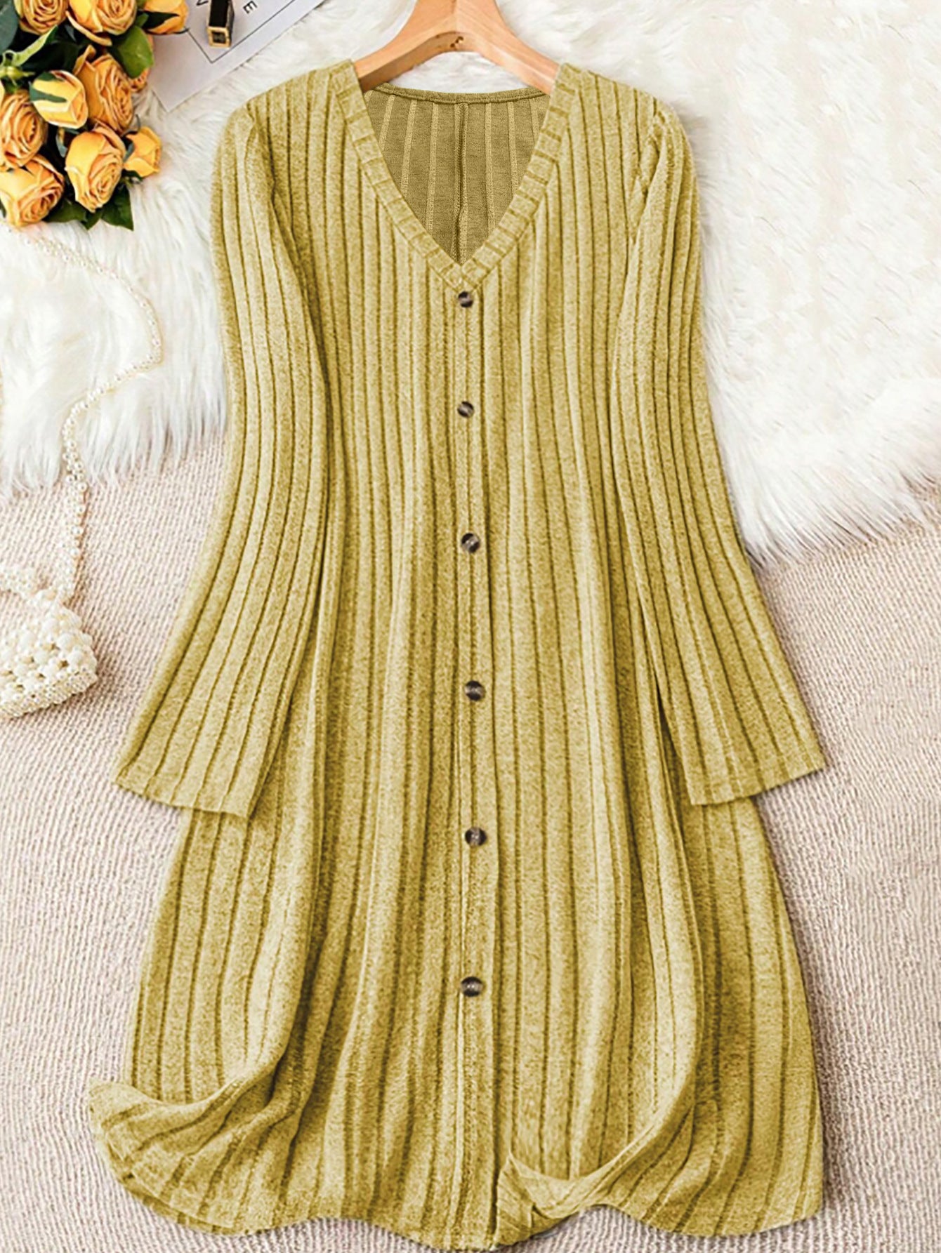 Eloise – Elegant Long Sleeve V-Neck Midi Dress