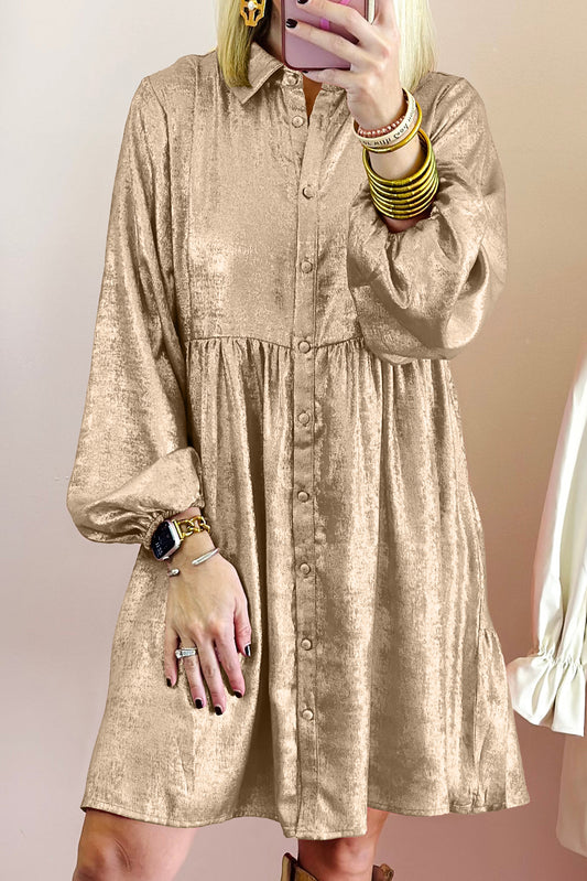Alexandra – Apricot Metallic Puff Sleeve Mini Shirt Dress with Button Front