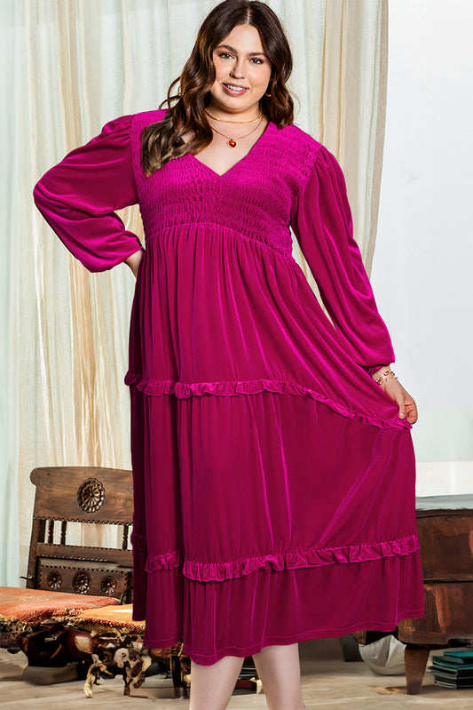 Jane – Plus Size Velvet Maxi Dress with V-Neck, Ruffle Tiers & Puff Sleeves