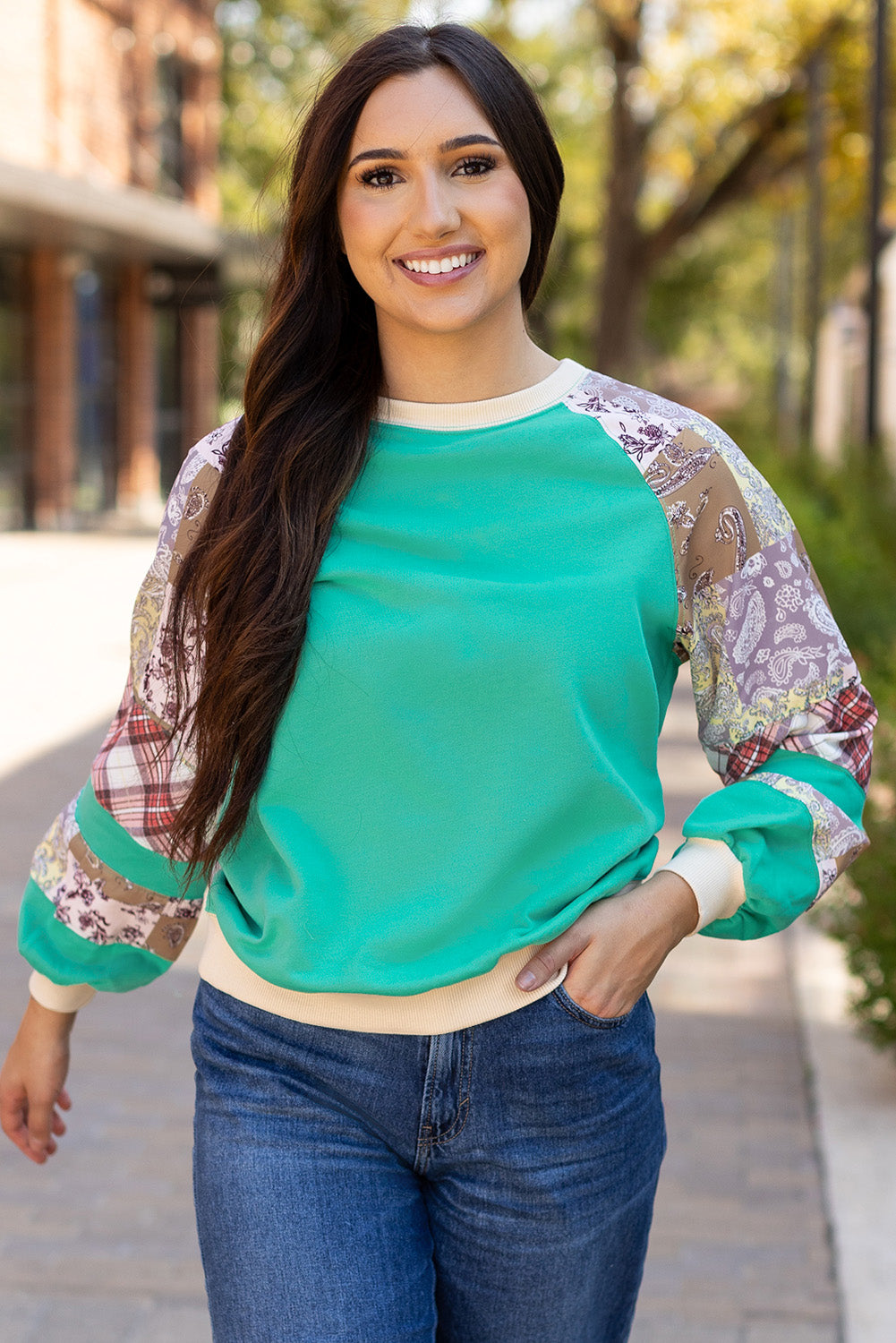 Kiara – Aruba Blue Patchwork Raglan Long Sleeve Top
