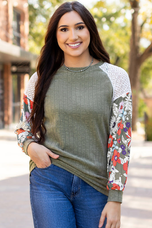 Vera – Floral Patchwork Ribbed Knit Long Sleeve Blouse