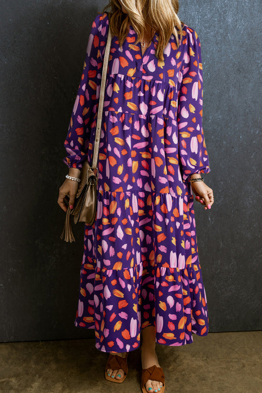 Saylor – Blue Petal Print Collared Tiered Maxi Dress