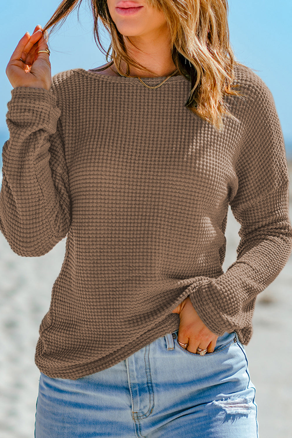 Payton – Waffle Knit Drop Shoulder Long Sleeve Top