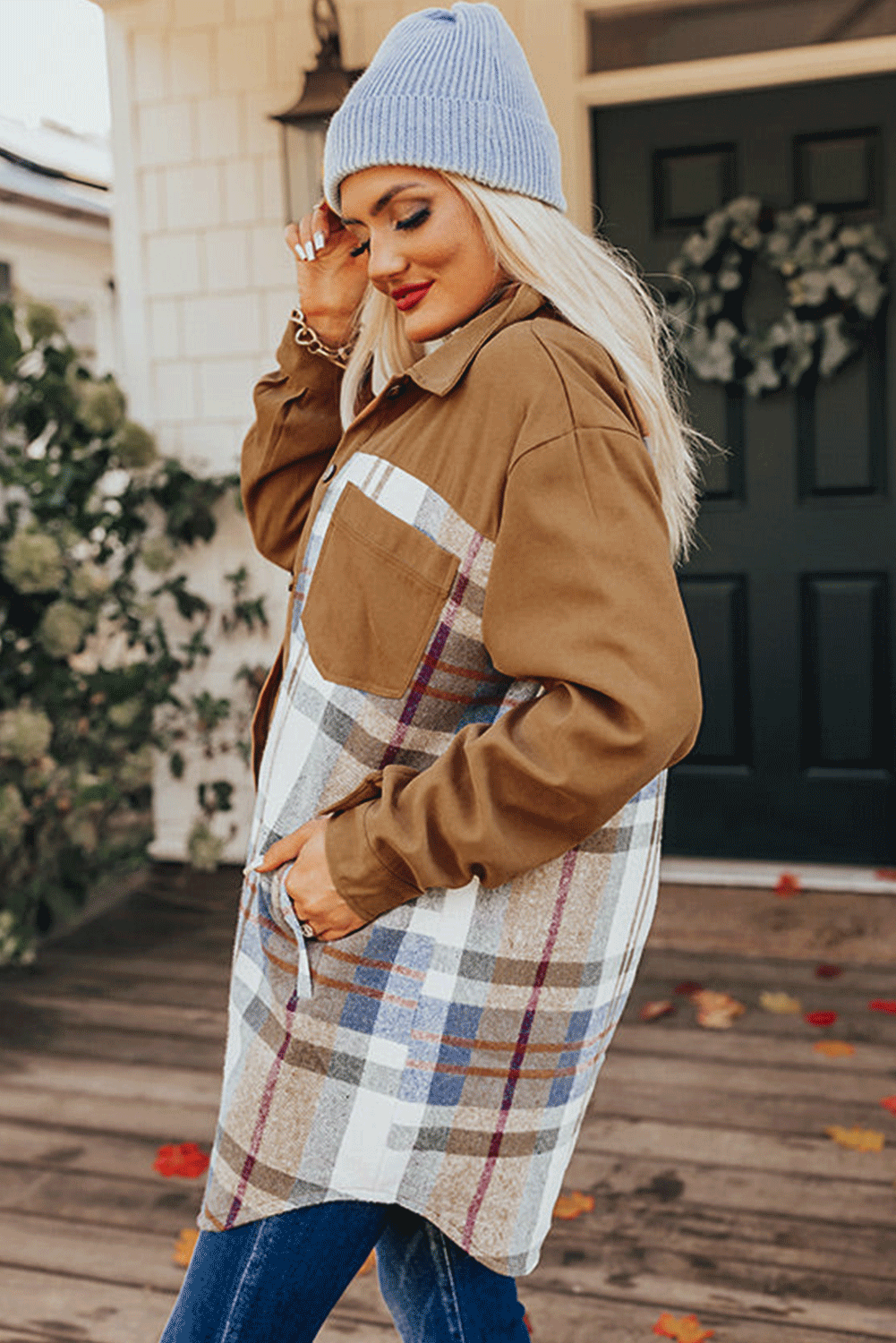 Adelaide – Khaki Plaid Patchwork Long Sleeve Shirt Mini Dress