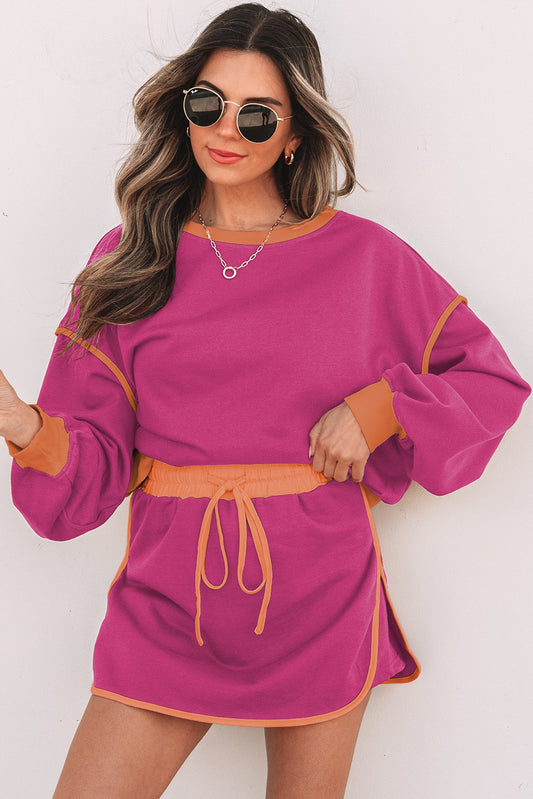 Gia – Color Contrast Loose Pullover and Lace-up Waist Skort Set