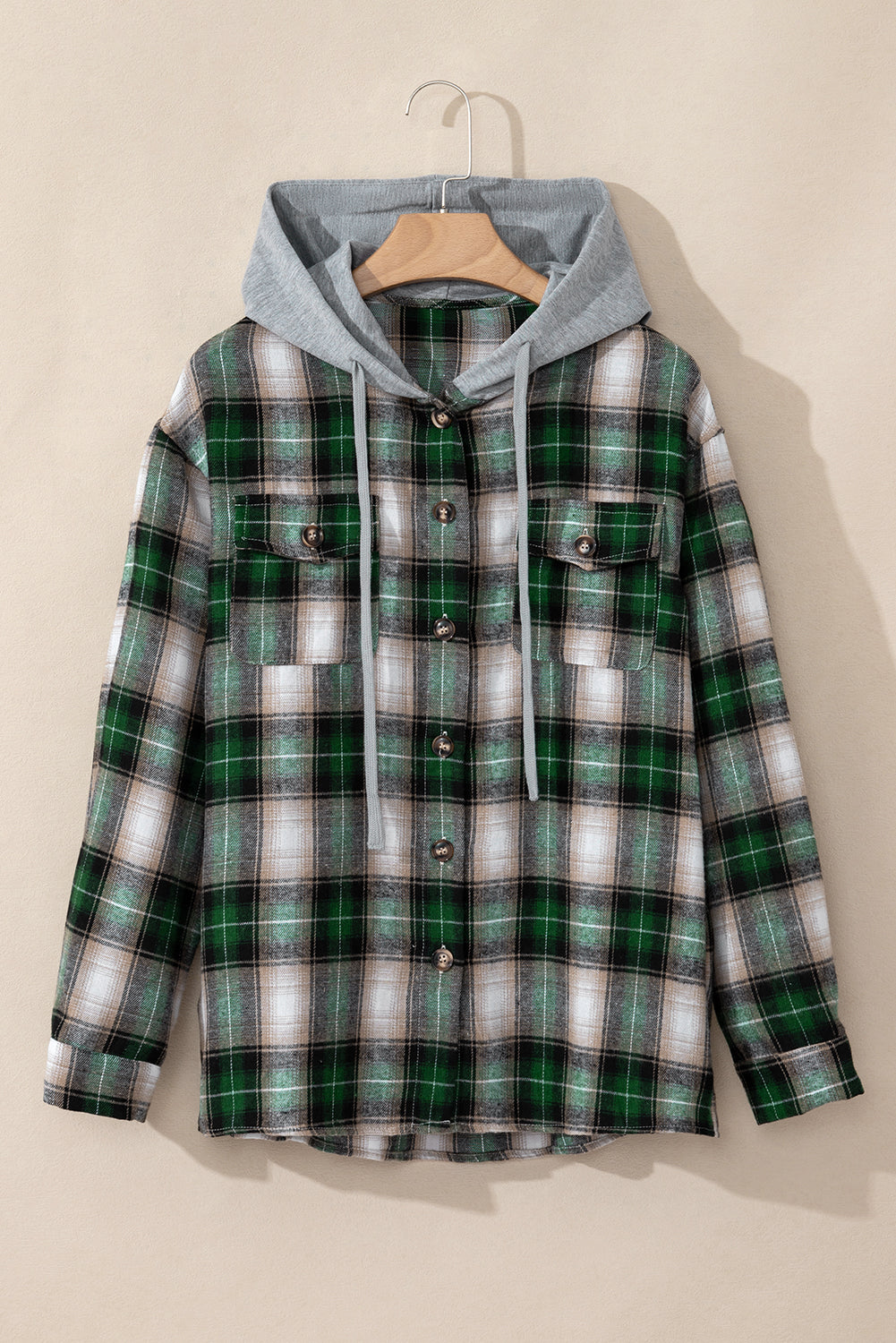 Nayeli – Hooded Plaid Button-Up Shacket with Chest Pocket