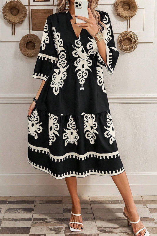 Norah – Black Geometric Print Midi Dress