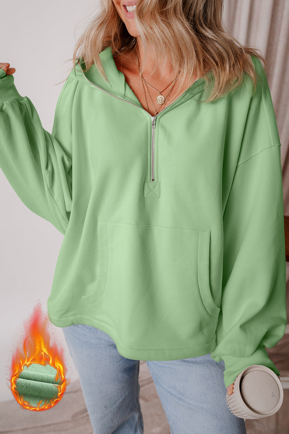Thea – Fleece Lined Half-Zip Hoodie with Kangaroo Pocket