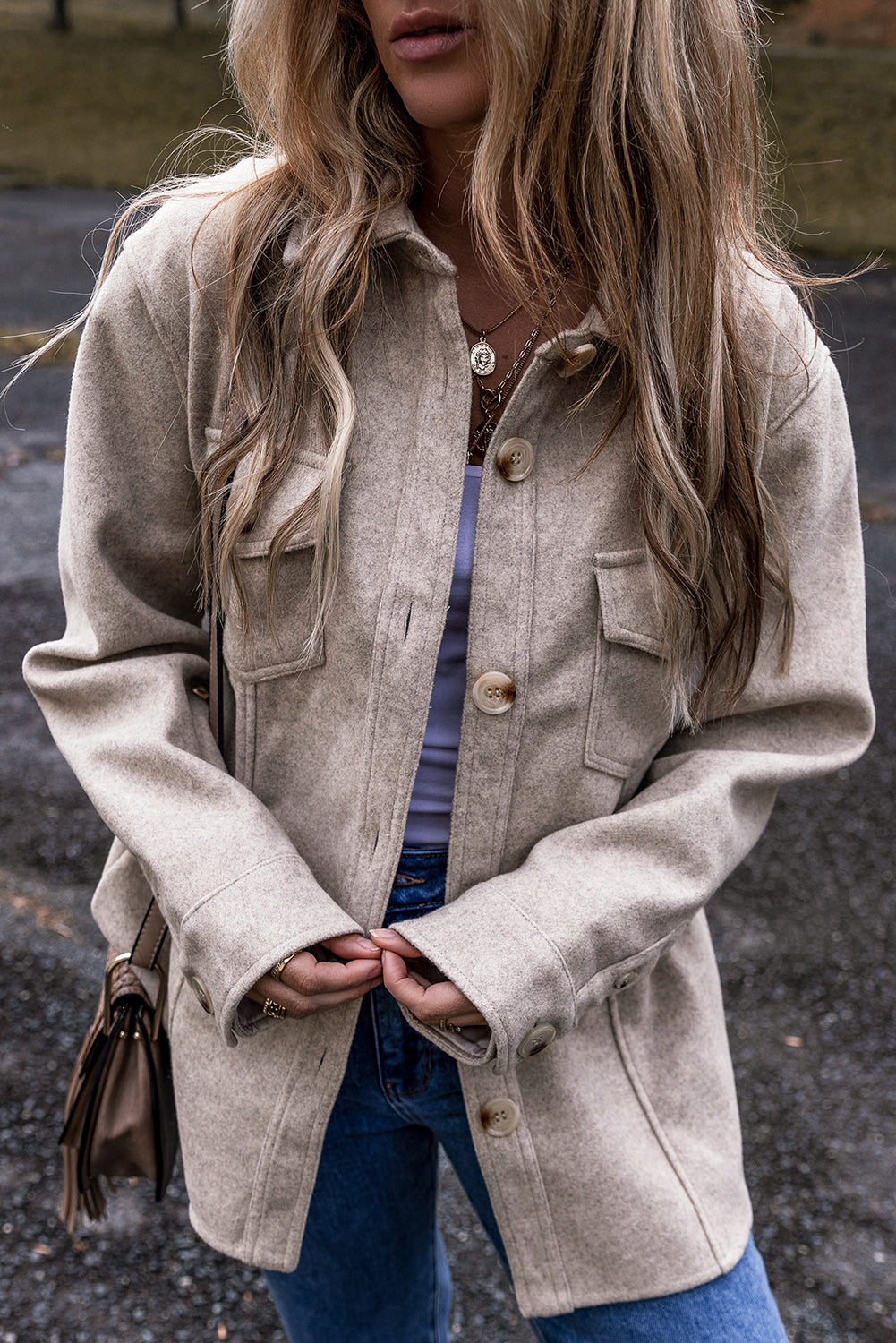 Jayla – Women's Light Grey Button-Up Shacket with Pockets
