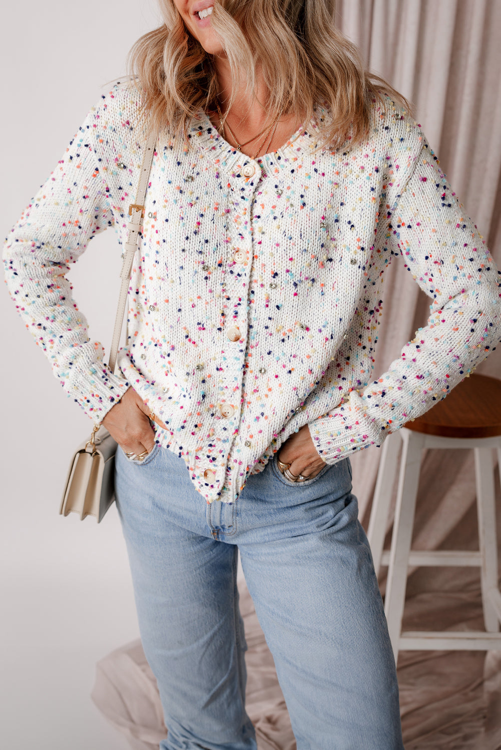 Kendall – Rhinestone Embellished Confetti Knit Cardigan Sweater
