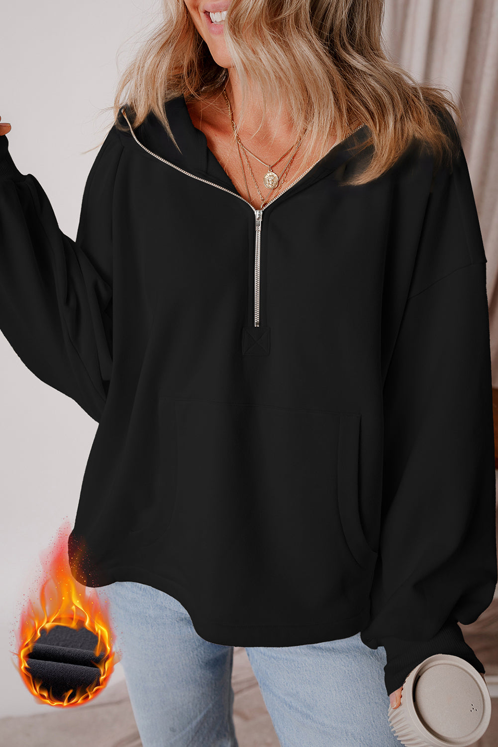 Thea – Fleece Lined Half-Zip Hoodie with Kangaroo Pocket
