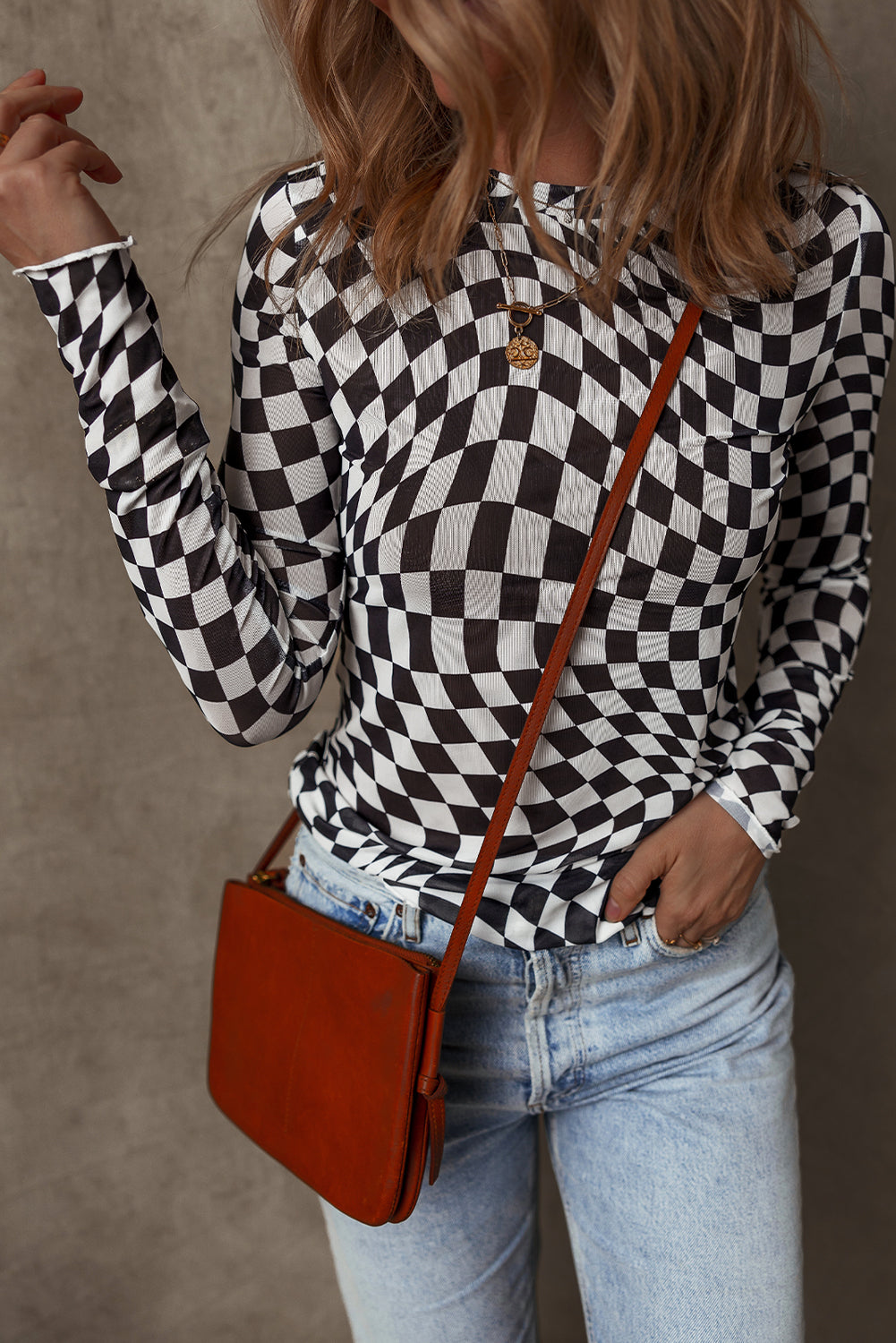 Zara – Black Checkered Pattern Mesh Mock Neck Long Sleeve Top