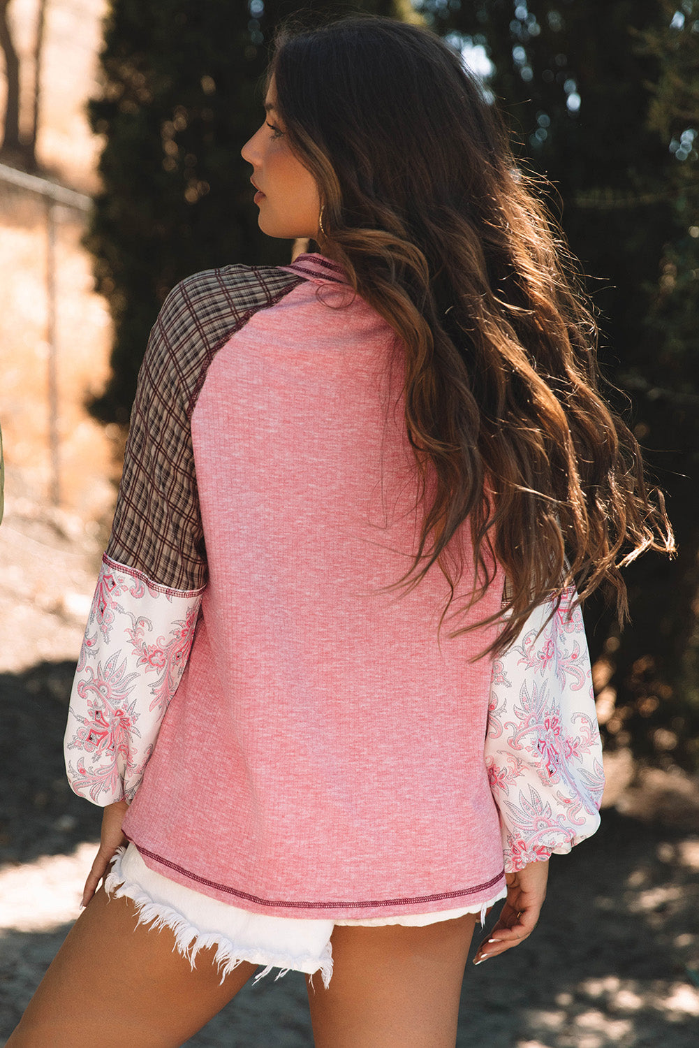 Faith – Mixed Print Raglan Sleeve Ribbed Knit Patchwork Blouse