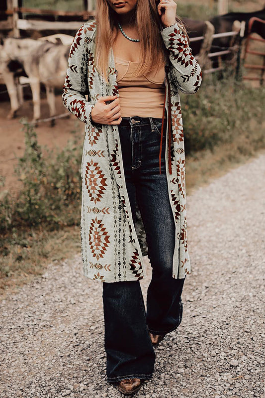 Morgan – Brown Western Aztec Printed Open Front Long Cardigan