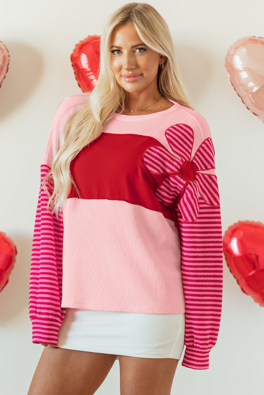 Lilith – Floral Patch Colorblock Striped Sleeve Textured Knit Top