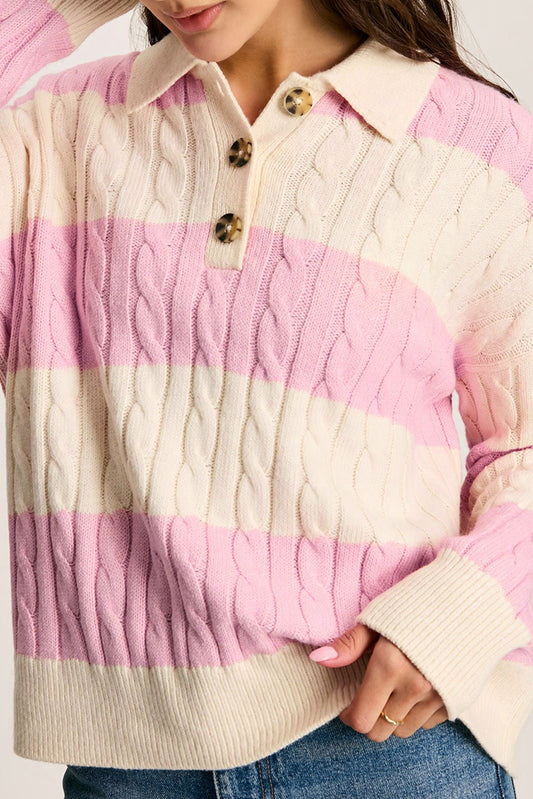 Raya – Cable Knit Striped Henley Sweater with Collar