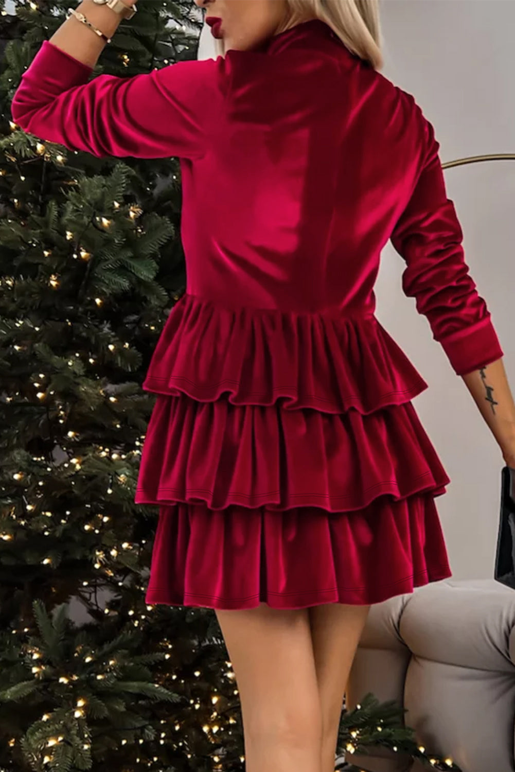 Shiloh – Velvet High Neck Tiered Ruffle Mini Dress