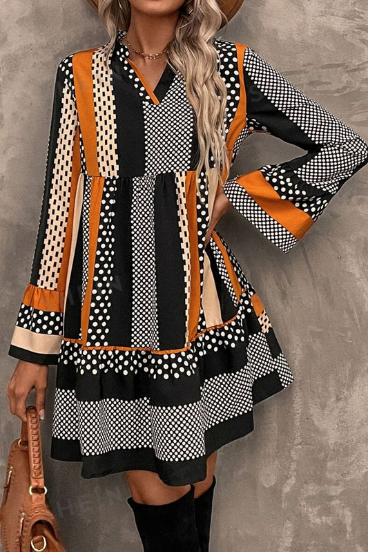 Lilah – Black Mixed Print Mini Dress with Ruffled Hem & V-Neck