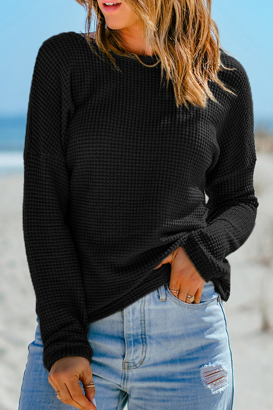 Payton – Waffle Knit Drop Shoulder Long Sleeve Top