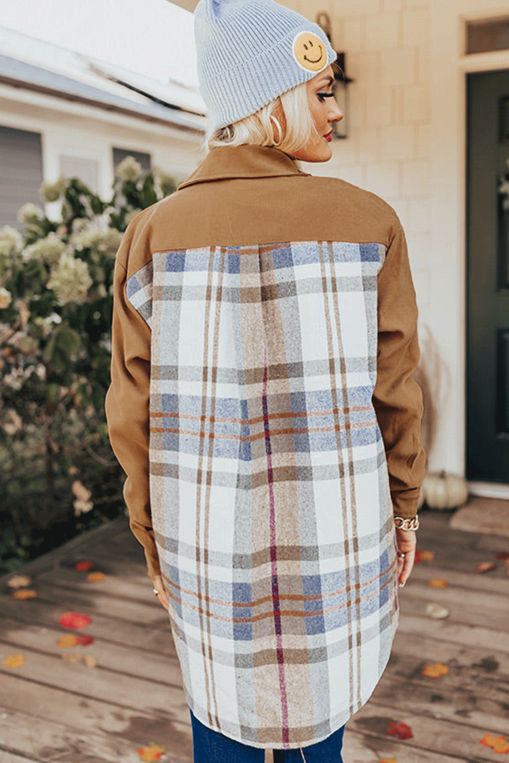 Adelaide – Khaki Plaid Patchwork Long Sleeve Shirt Mini Dress