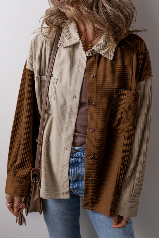 Regina – Corduroy Color Block Button-Up Shacket with Chest Pockets