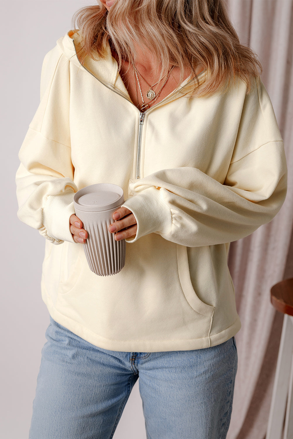 Thea – Fleece Lined Half-Zip Hoodie with Kangaroo Pocket
