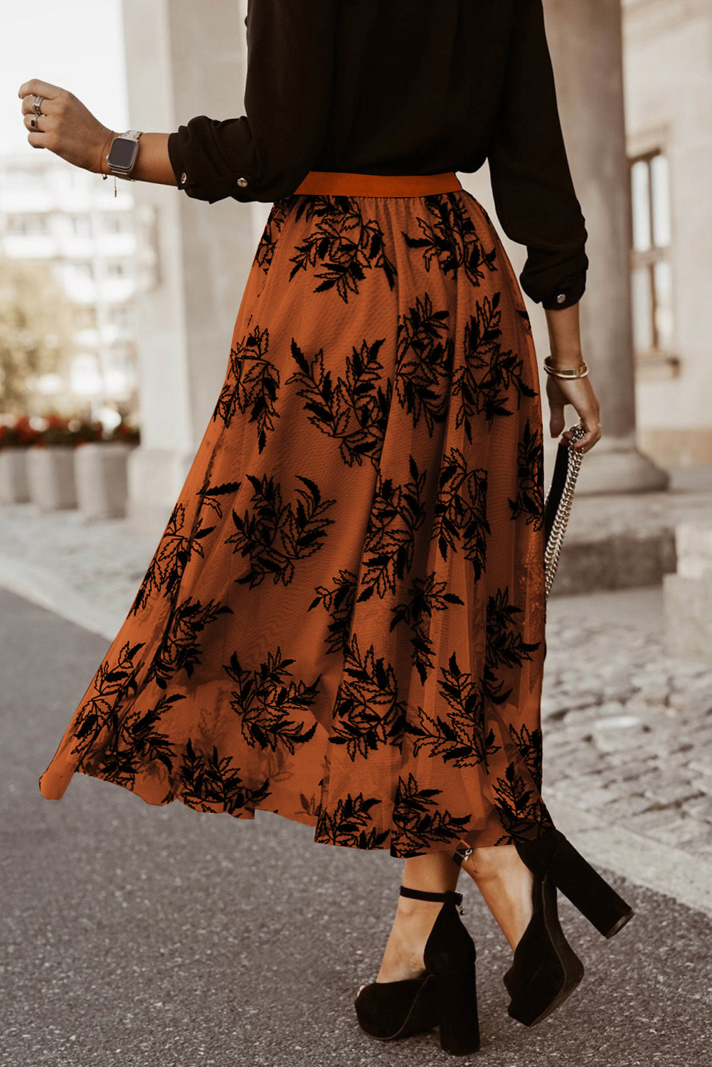 Harlow – Gold Flame Floral Leaves Embroidered High Waist Maxi Skirt