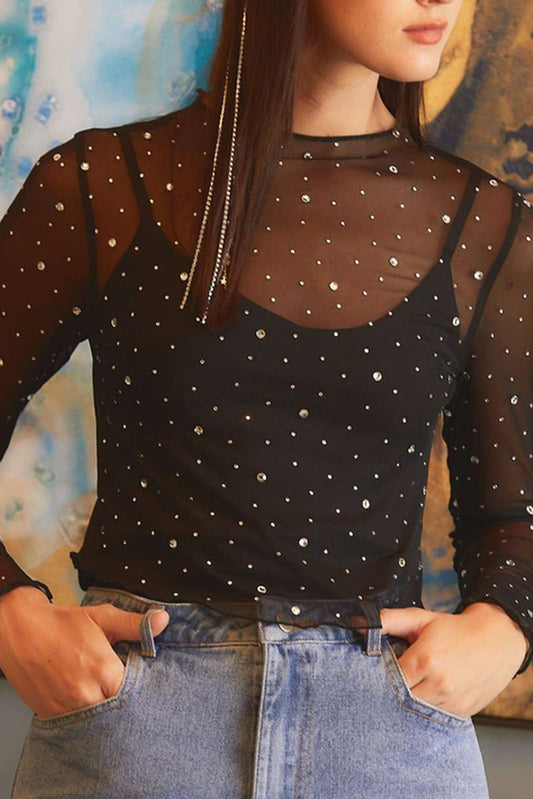 Selena – Black Sheer Mesh Rhinestone Long Sleeve Slim Fit Top