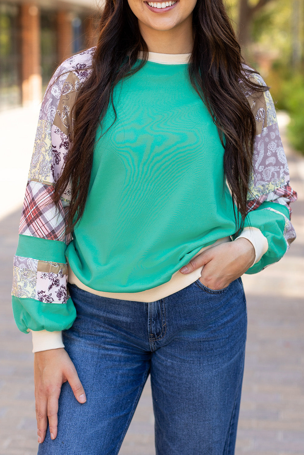 Kiara – Aruba Blue Patchwork Raglan Long Sleeve Top