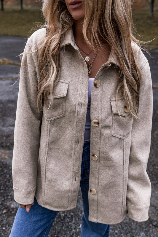 Jayla – Women's Light Grey Button-Up Shacket with Pockets