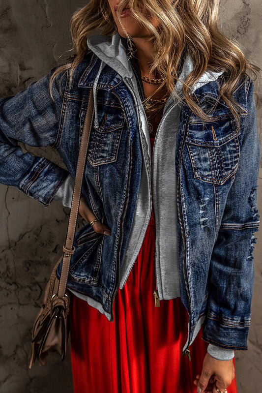 Maisie – Hooded Two-Piece Look Zip-Up Denim Jacket