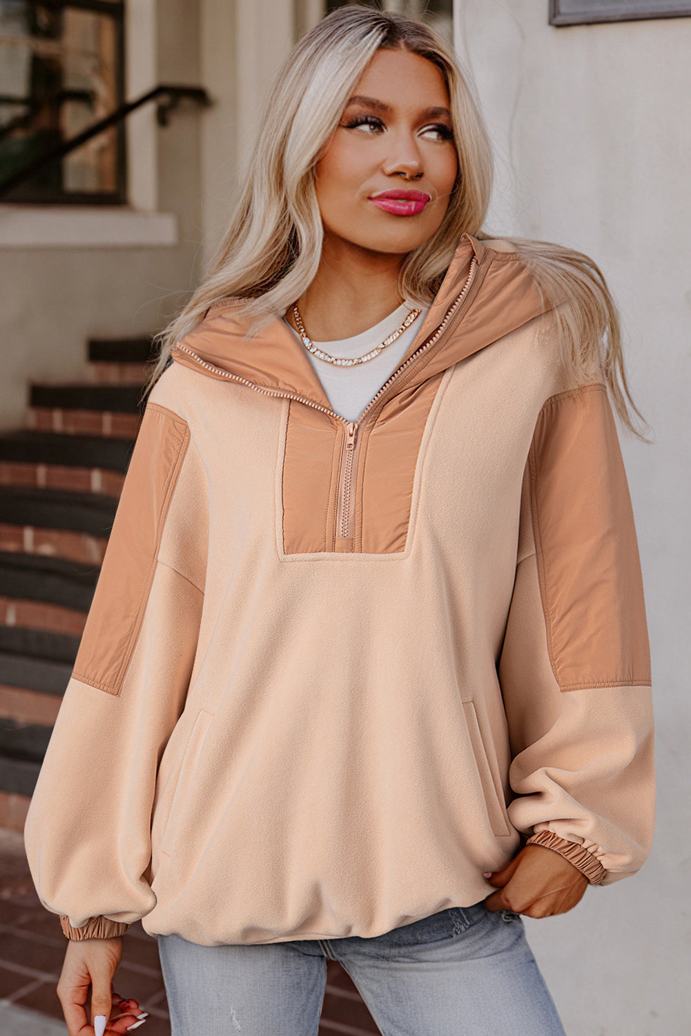 Poppy – Oversized Patchwork Sherpa Hoodie with Half Zip