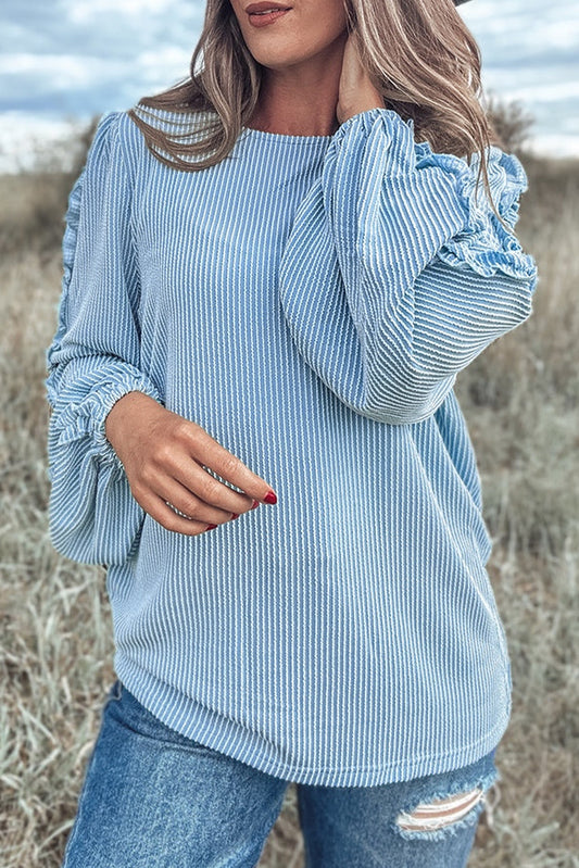 Kamila – Mist Blue Corded Frilly Puff Sleeve Round Neck Blouse