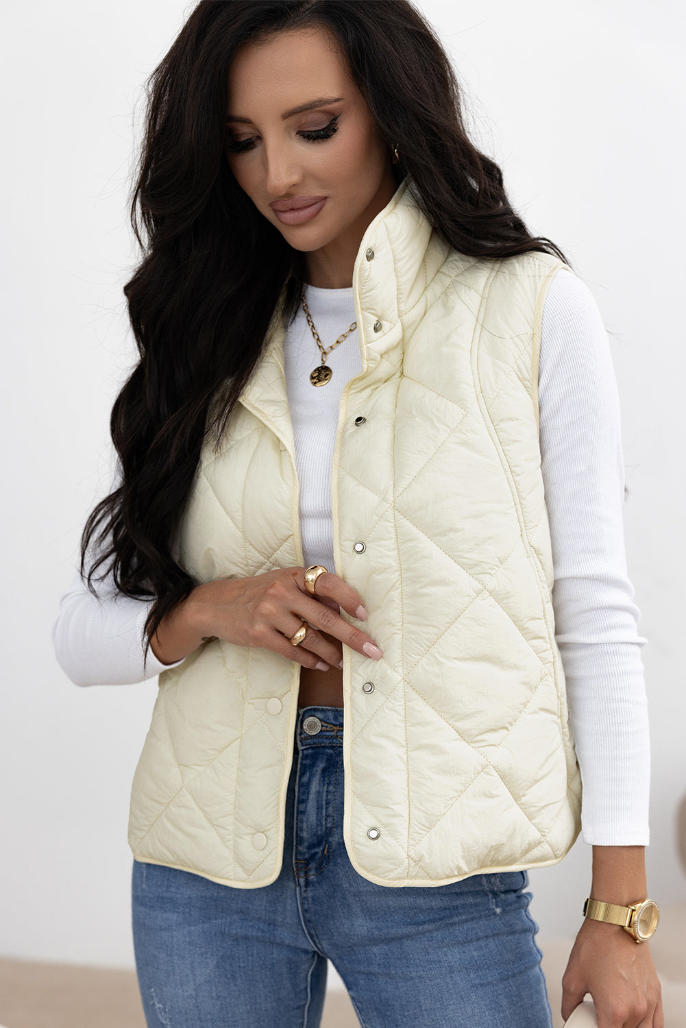 Amina – Quilted High Neck Button-Up Vest with Front Pockets