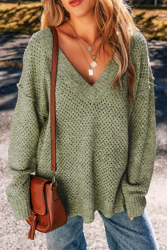 Camilla – Loose Knit V-Neck Sweater with Eyelet Detail