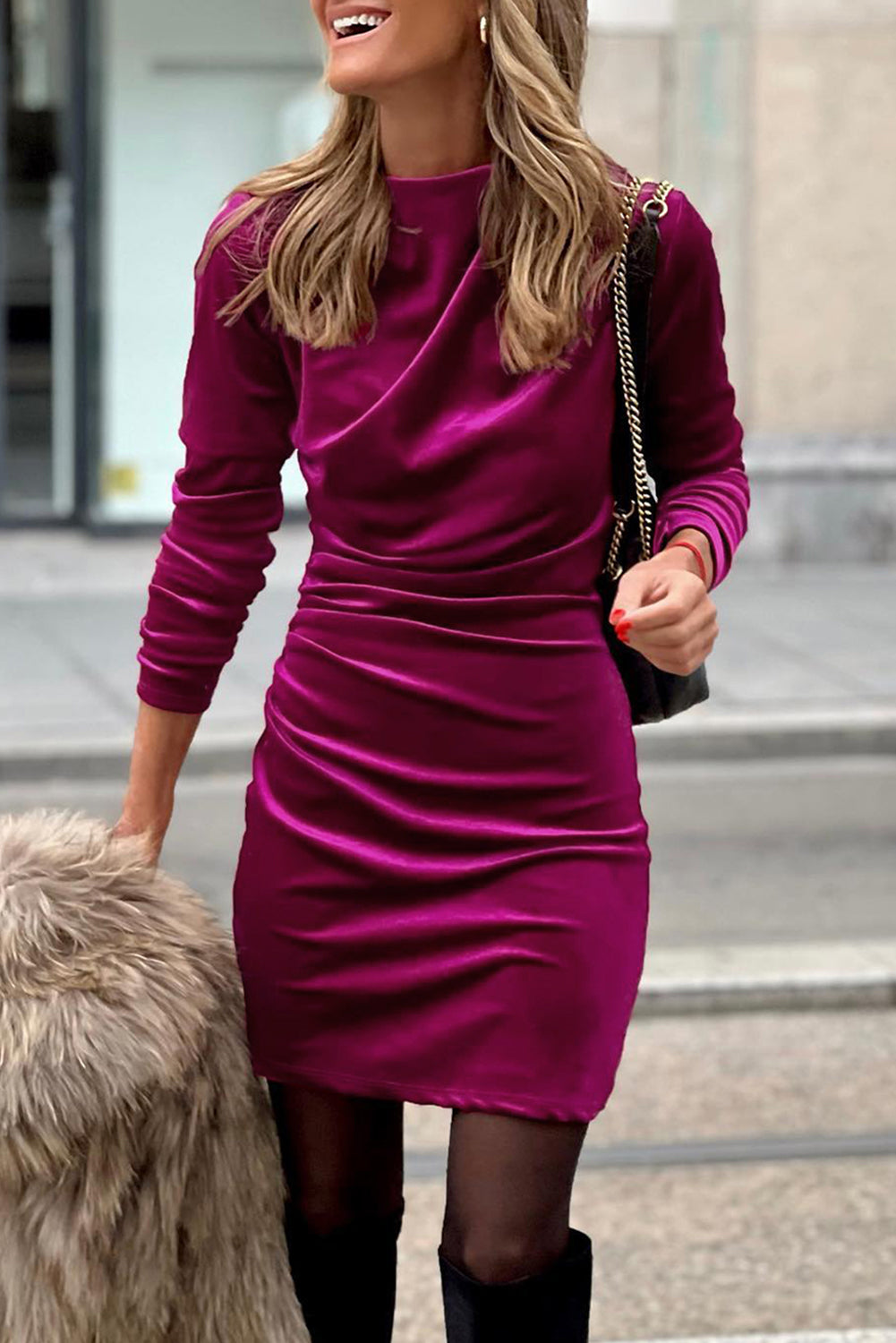 Jasmine – Pink Velvet Mock Neck Ruched Long Sleeve Bodycon Dress