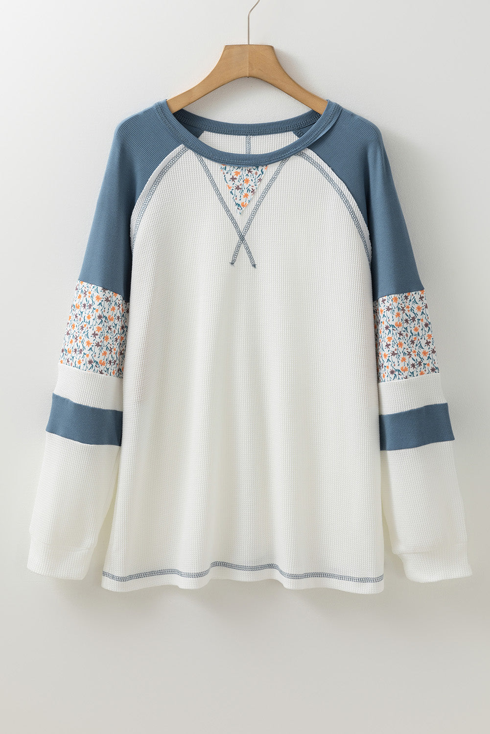 Leila – White Floral Patchwork Waffle Knit Raglan Top