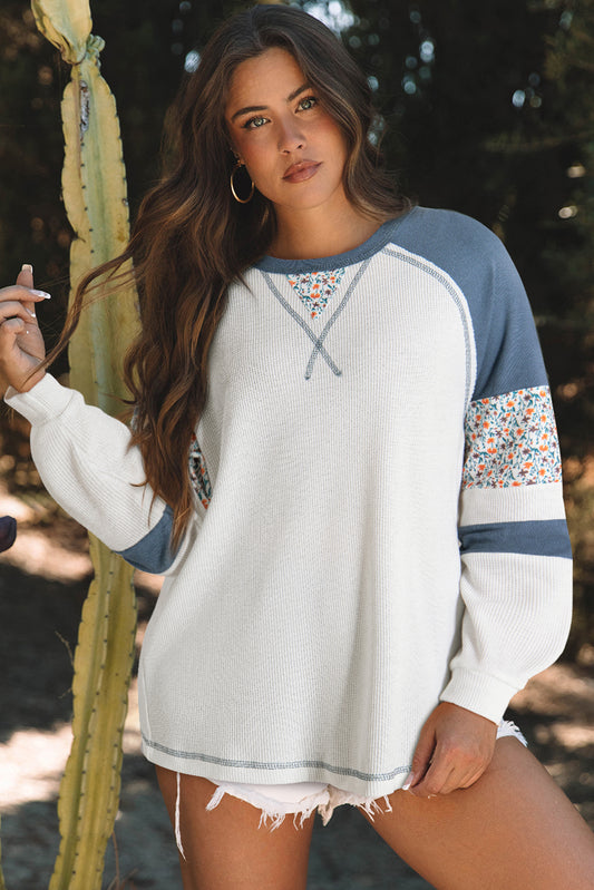 Leila – White Floral Patchwork Waffle Knit Raglan Top