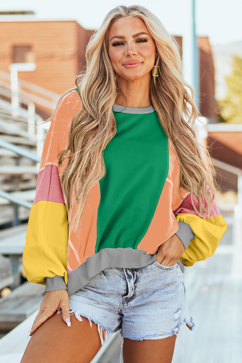 Mabel – Colorblock Patchwork Exposed Stitching Oversize Top