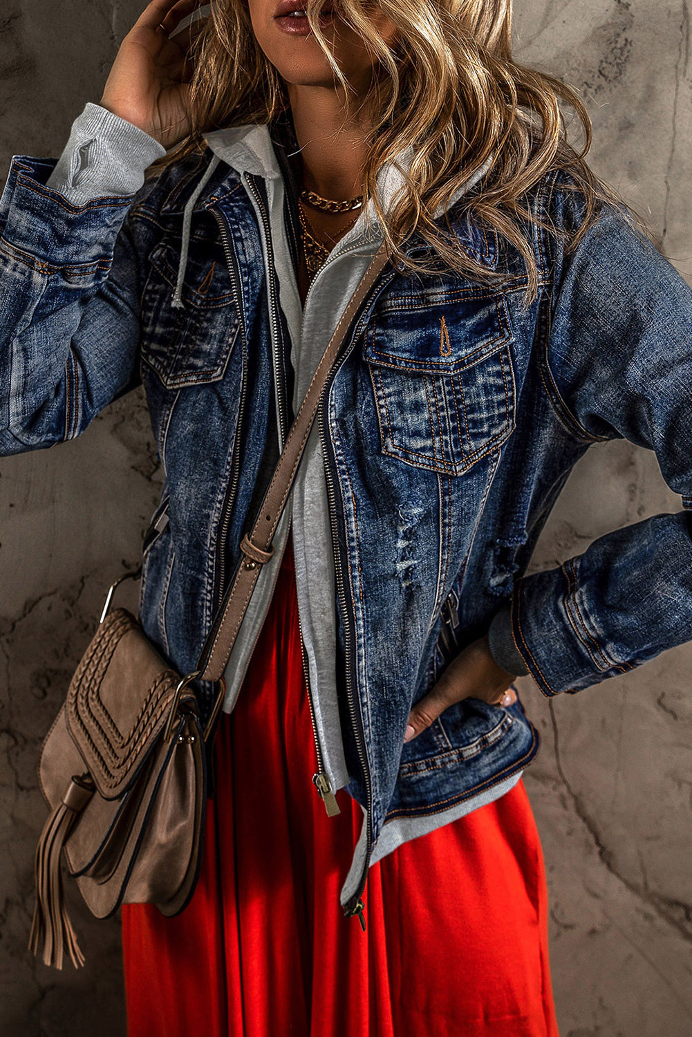 Maisie – Hooded Two-Piece Look Zip-Up Denim Jacket