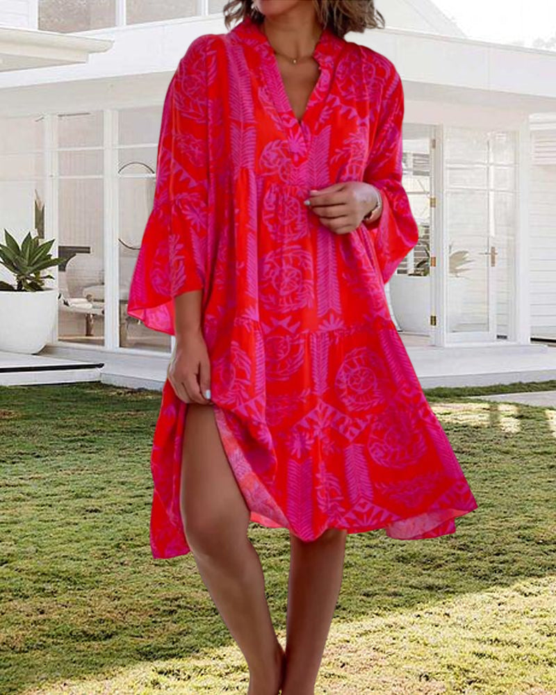 Bryanna - Trendy V-Neck Loose Summer Dress with Boho Print