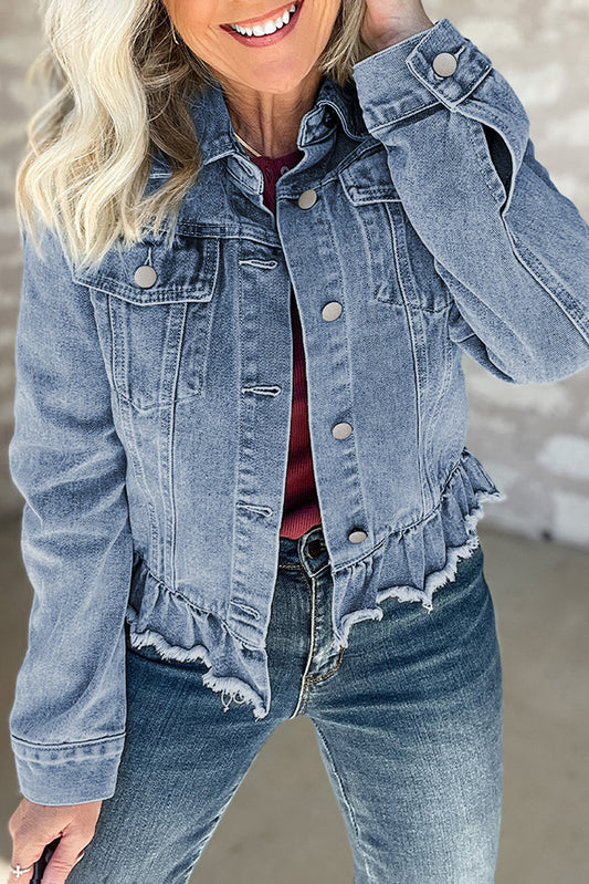 Evangeline – Beau Blue Denim Jacket with Ruffle Trim, Raw Hem & Flap Pockets