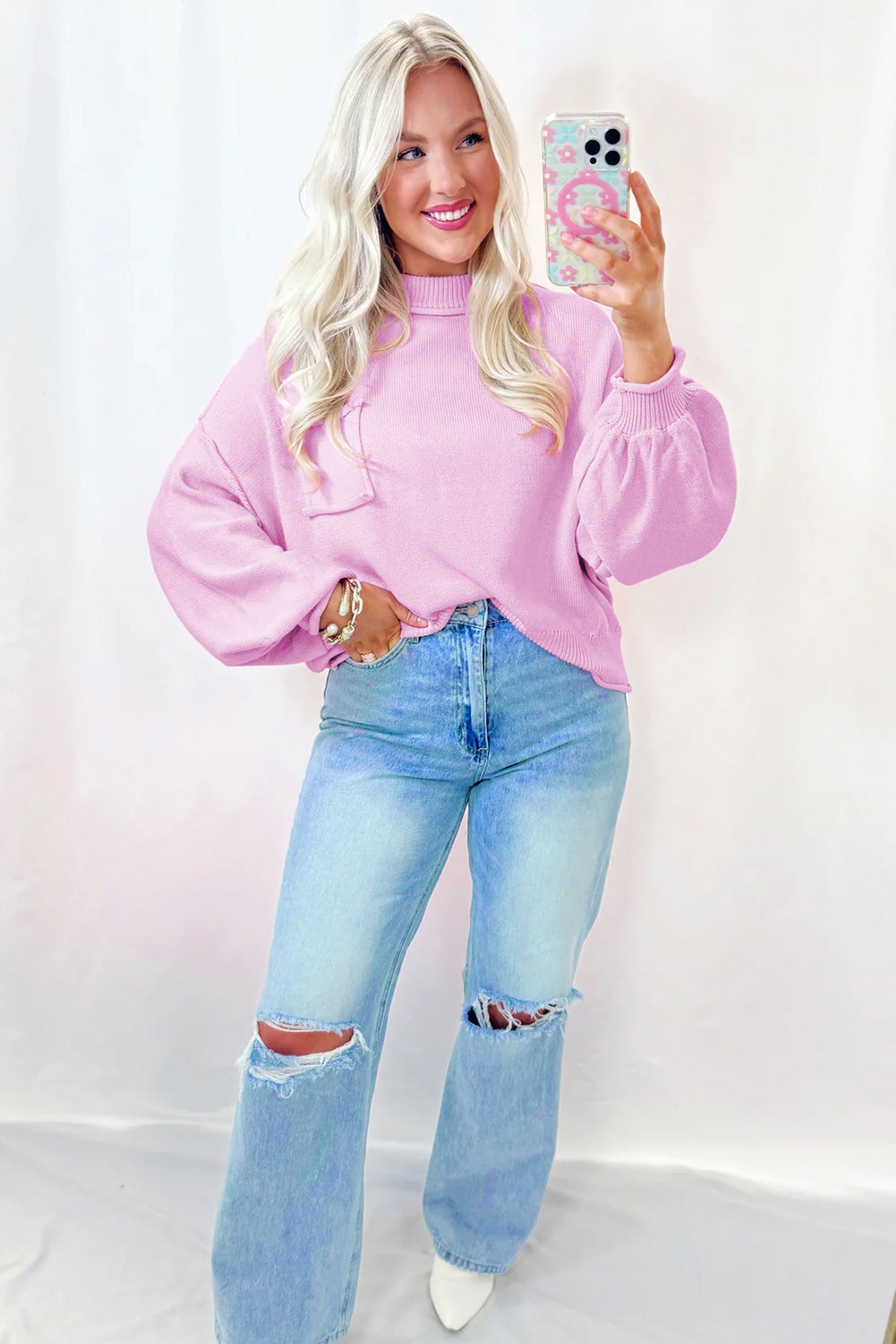 Hope – Pink Drop Shoulder Sweater with Ribbed Cuffs