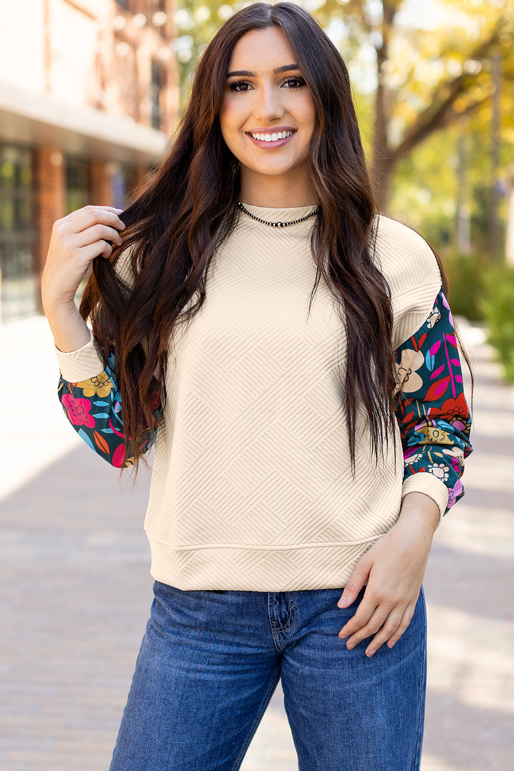 Kimberly – Drop Shoulder Knit Top with Floral Contrast Sleeves