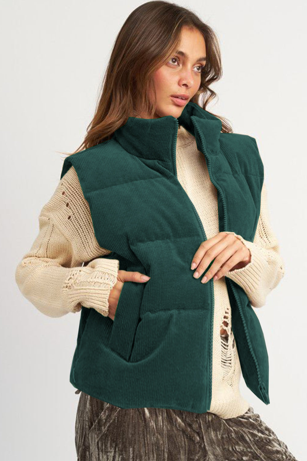 Madilyn – Women's Corduroy Zipped Stand Neck Puffer Vest